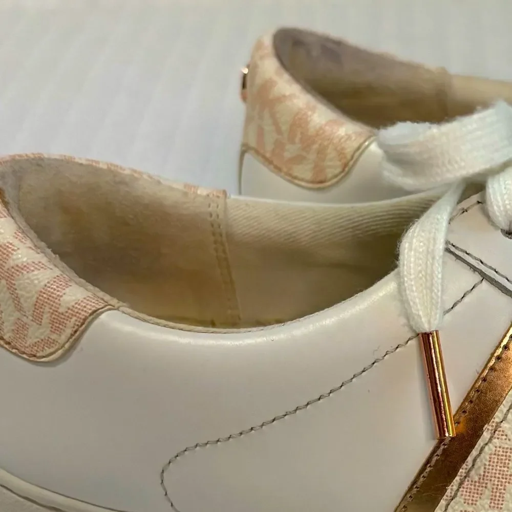 Michael Kors Irving‎ Stripe Sneakers Womens 9M White Rose Gold Leather Logo